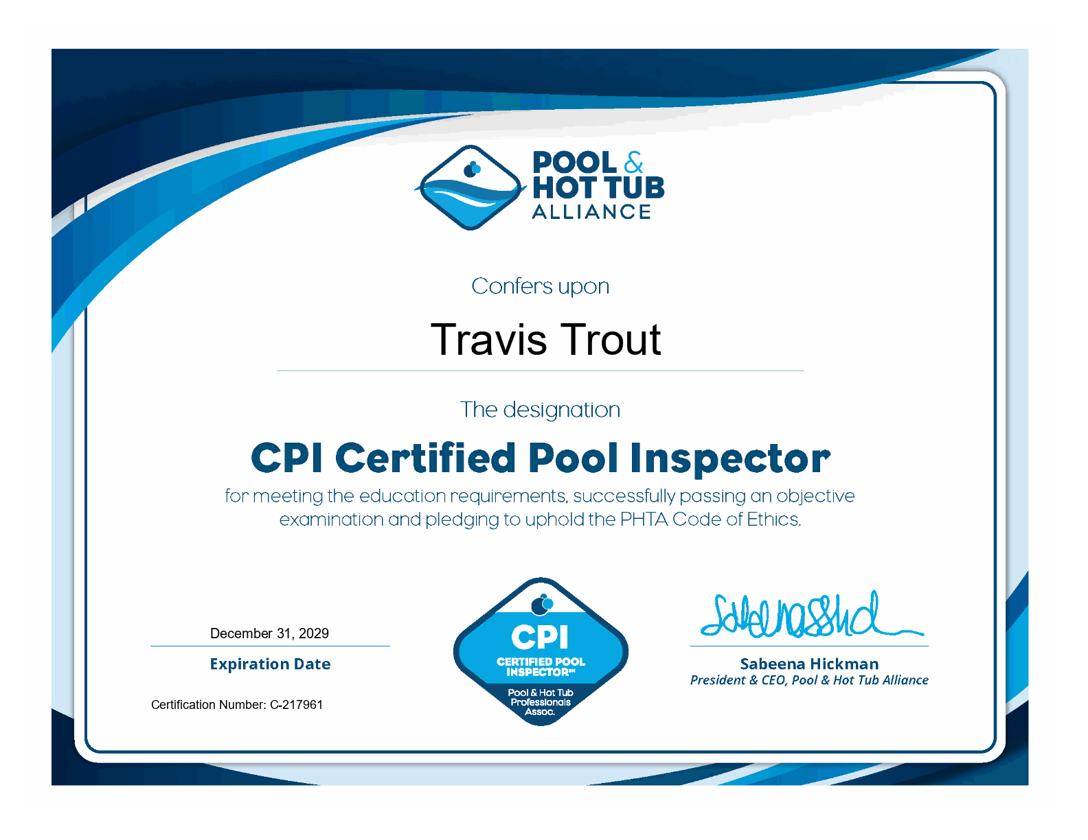 Certified Pool Inspector (CPI) certificate