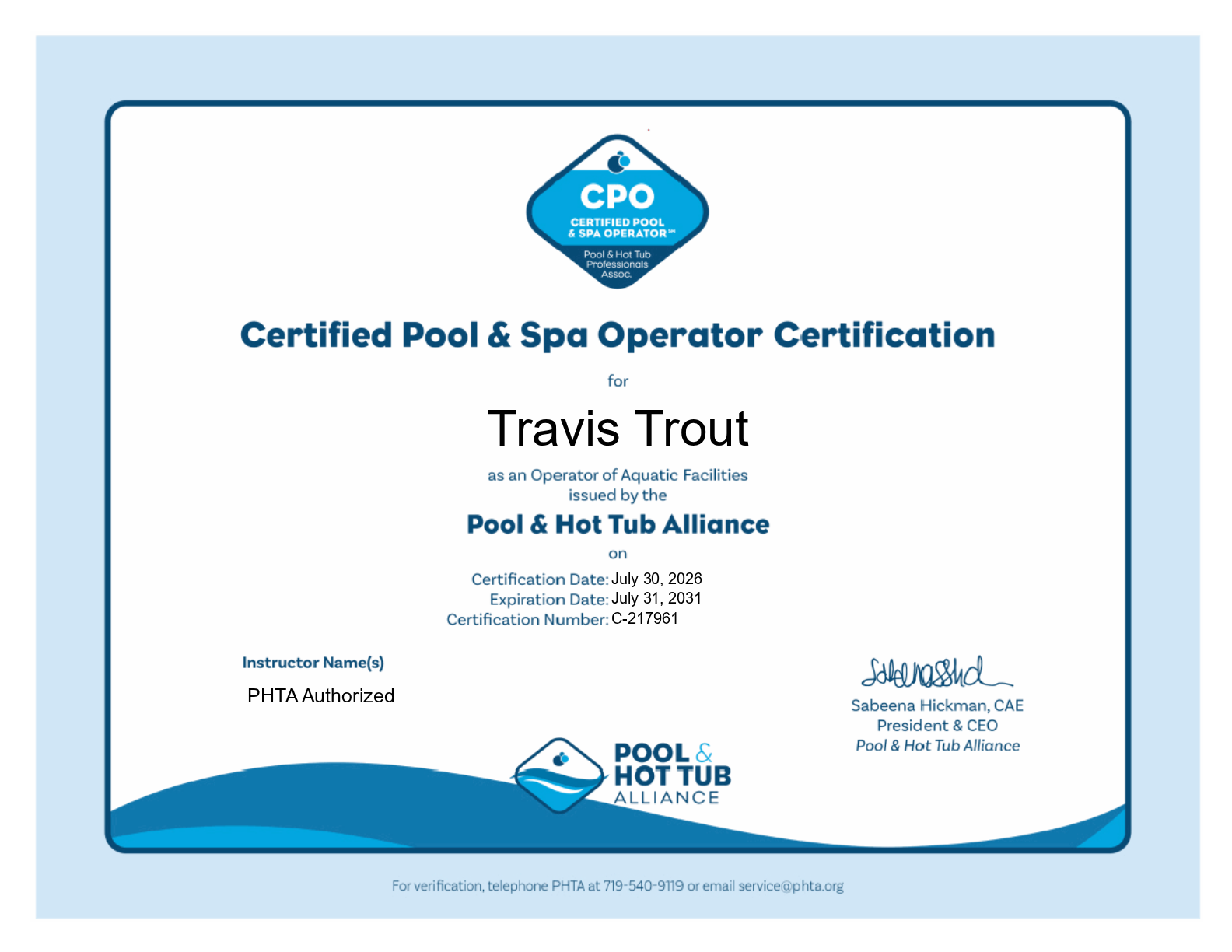 Certified Pool & Spa Operator (CPO) certificate